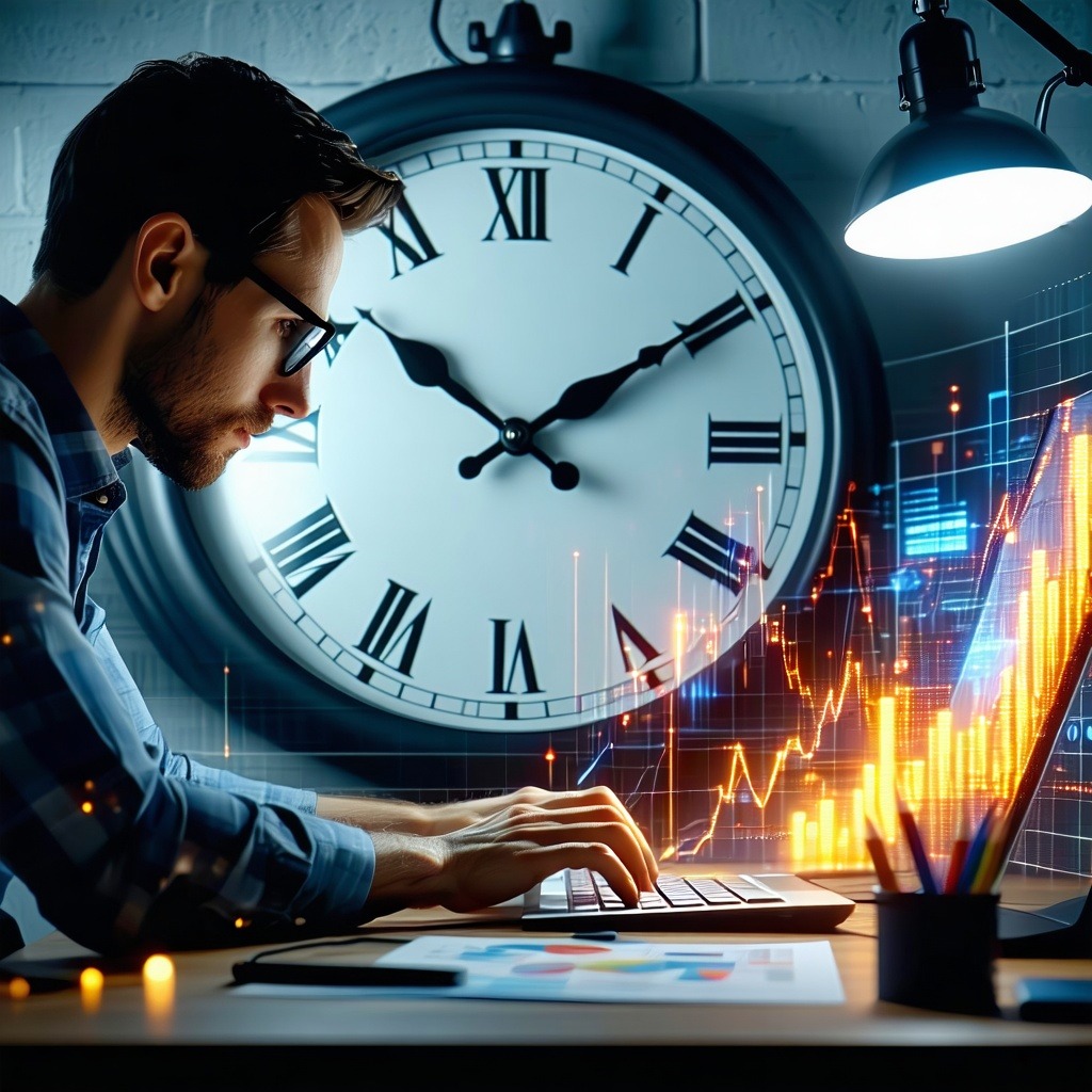 큰 시계 앞에서 노트북으로 데이터 차트를 분석하며 야근하는 남성의 시간 압박 상황