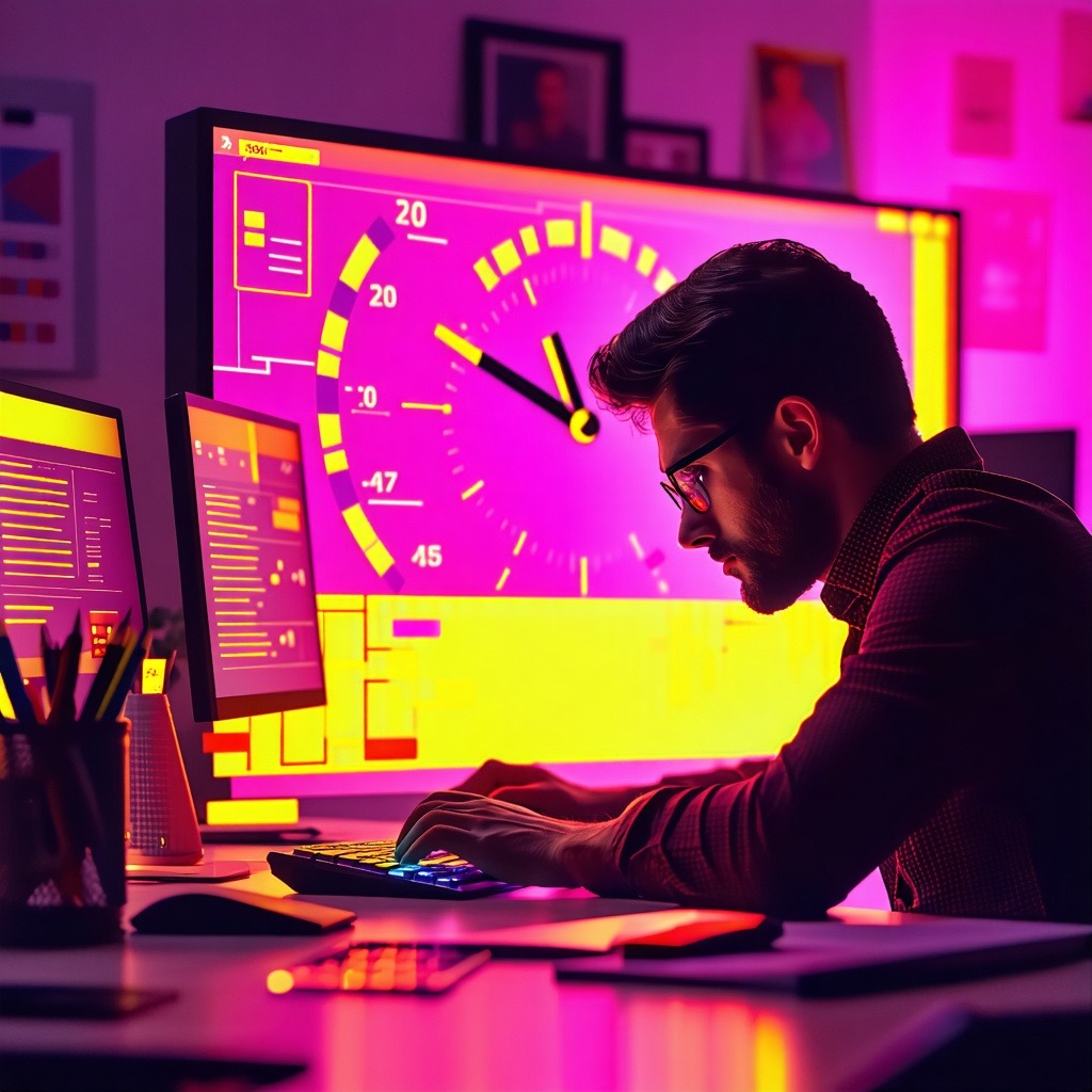네온 핑크와 옐로우 조명 아래 마감 시간에 쫓기며 집중하는 디자이너의 야간 작업