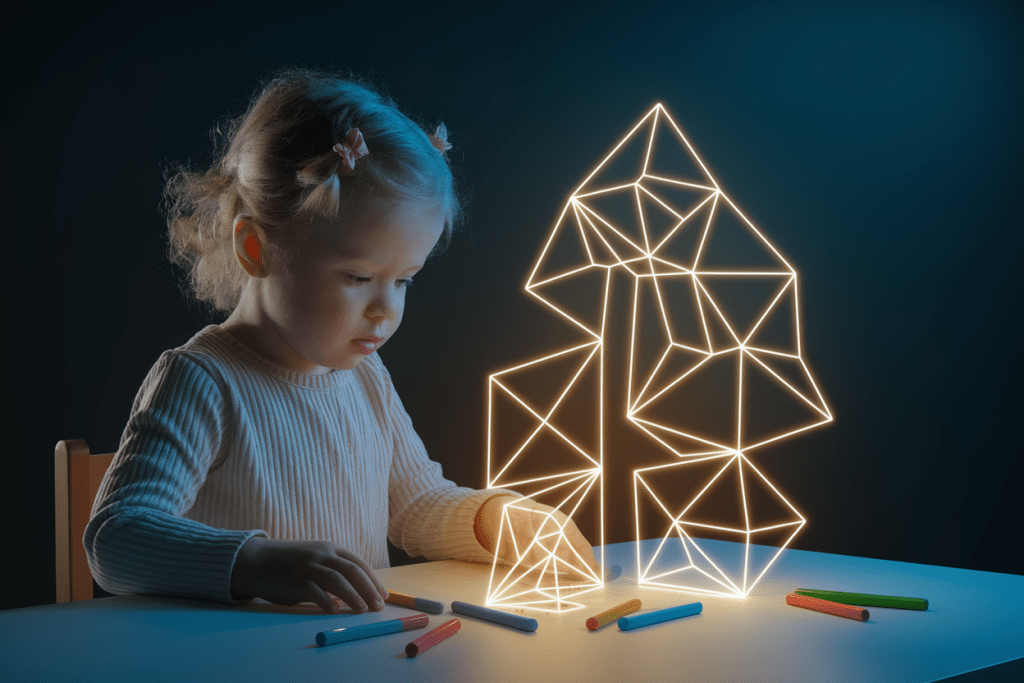 빛으로 된 구조물을 만들며 몰입하는 어린 소녀