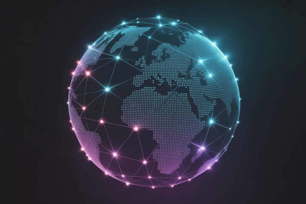 점과 선으로 구성된 디지털 지구본 형태의 글로벌 연결망