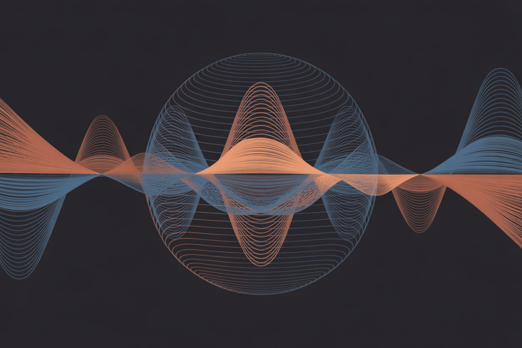 주황색과 파란색 파동이 교차하는 추상적 데이터 시각화 그래픽