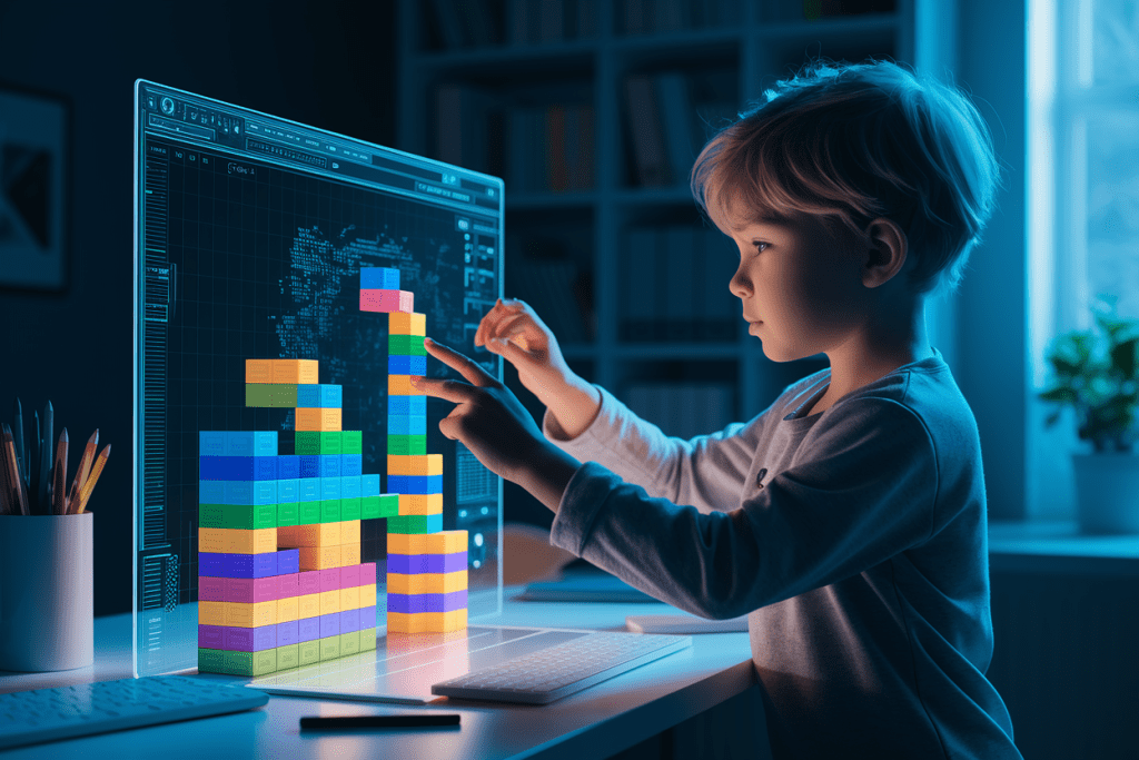 홀로그램 화면에서 블록을 조립하는 소년의 집중된 모습