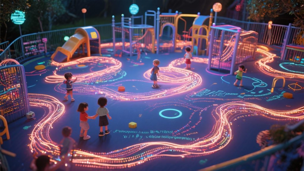 빛의 선으로 구성된 스마트 놀이터에서 뛰노는 아이들