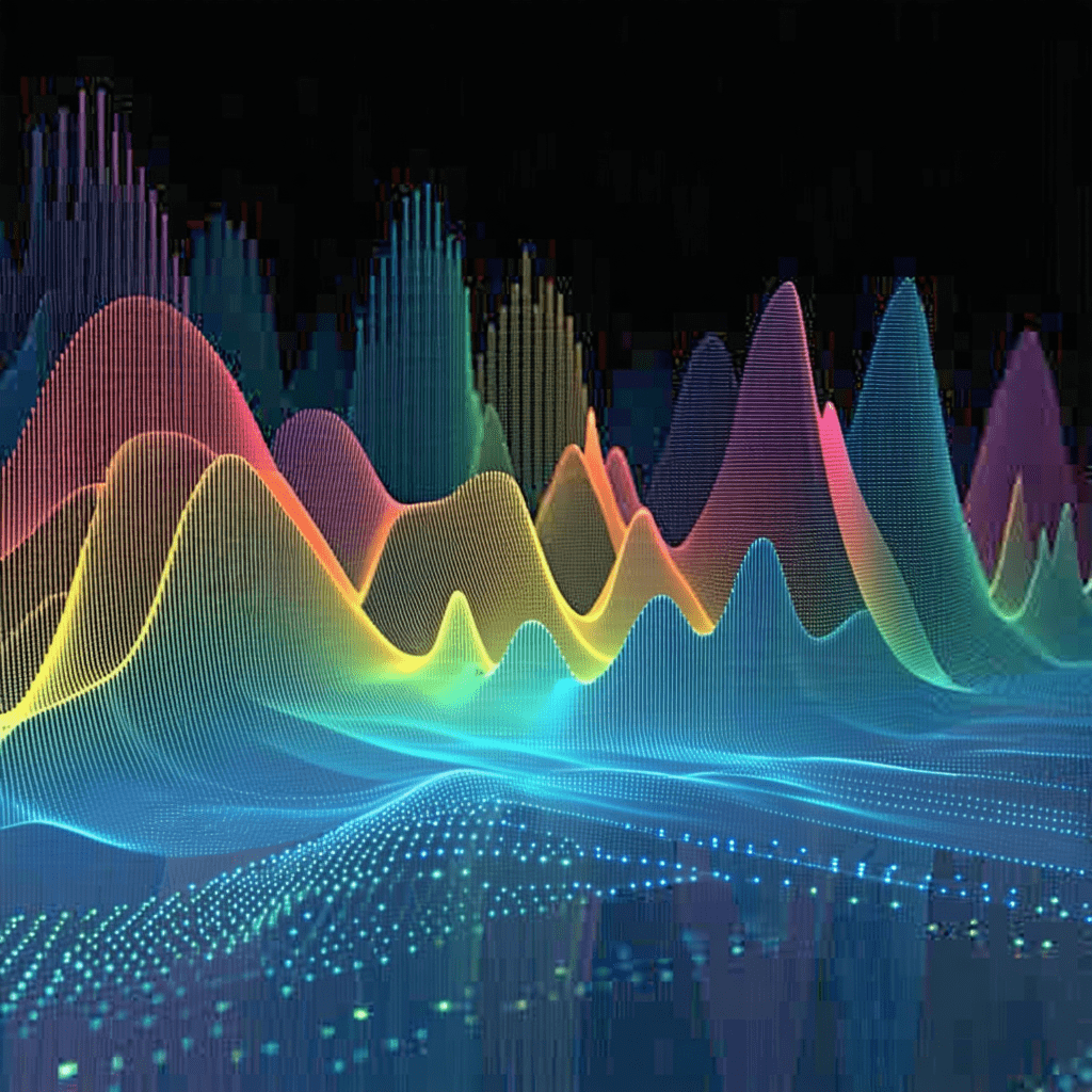 무지갯빛 곡선으로 표현된 감정 데이터 파동 그래픽