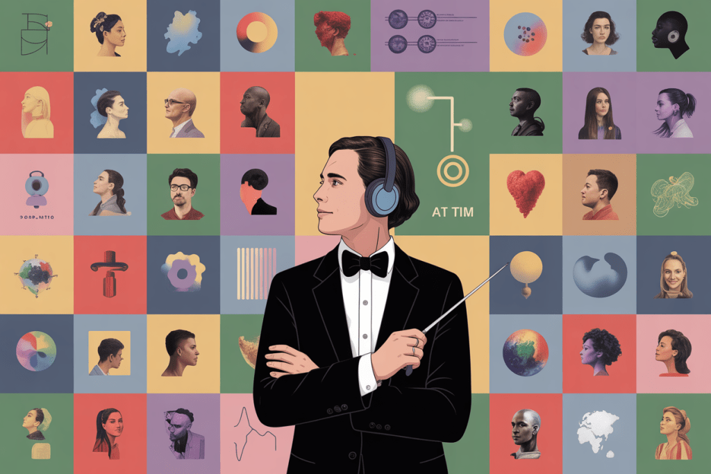 다양한 인물 초상화 속에서 지휘봉을 든 헤드폰 착용 인물