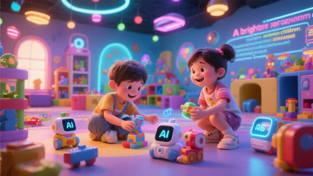 인공지능 로봇 장난감으로 놀이하며 웃는 두 어린이