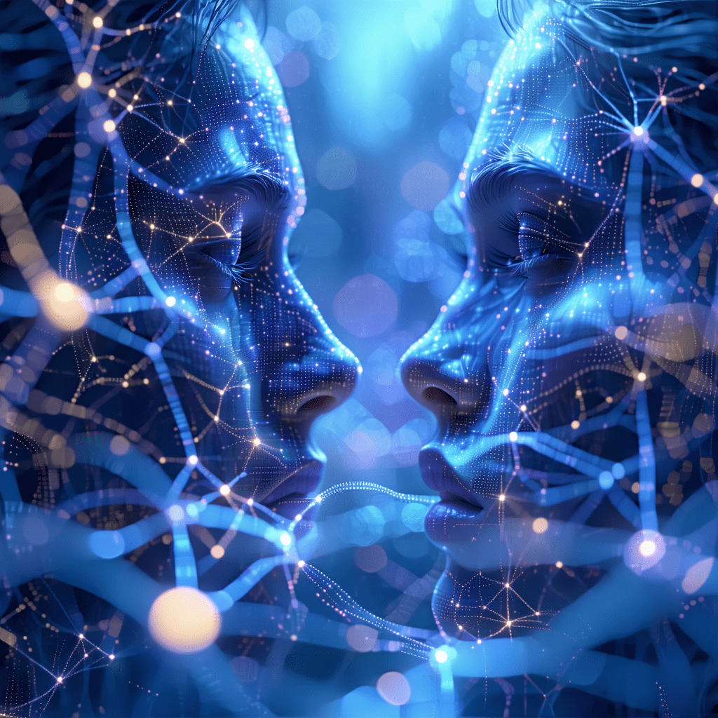 디지털 신경망으로 연결된 두 얼굴의 초근접 이미지