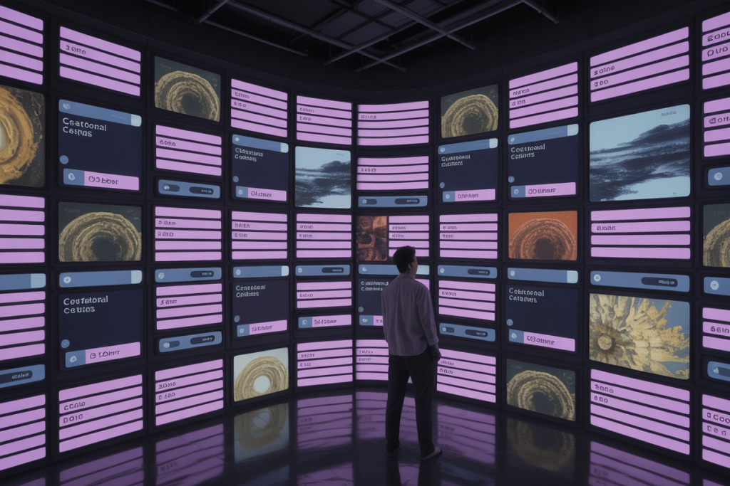 다수의 디지털 스크린이 벽면을 가득 채운 데이터 전시 공간에서 관람하는 남성