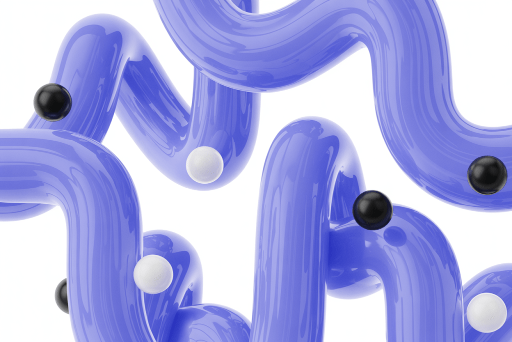 파란 유리관 구조에 검은색과 흰색 구체가 결합된 3D 그래픽