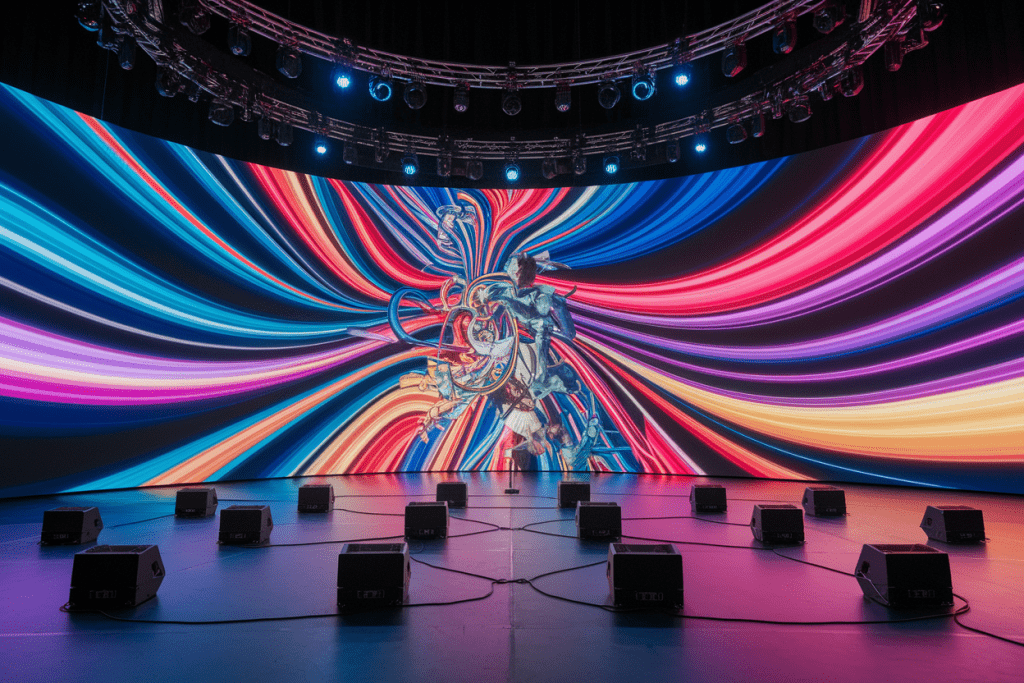 대형 디지털 스크린에 화려한 색의 예술 영상이 전시된 무대