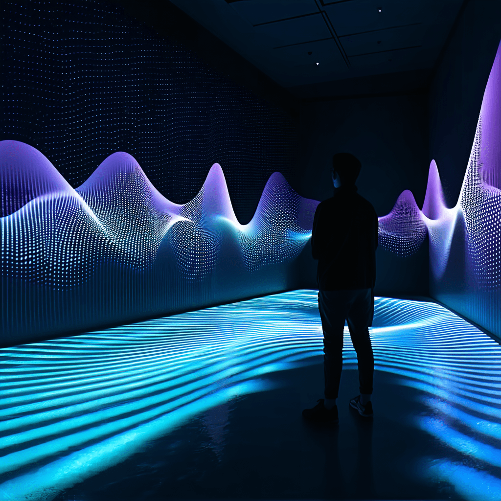 푸른빛 데이터 파동이 벽면을 따라 흐르는 몰입형 전시 공간