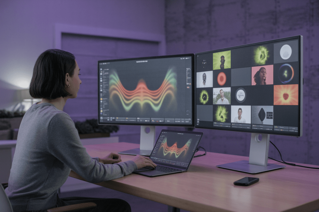 듀얼 모니터에서 데이터 파동과 인물 영상을 분석하는 여성