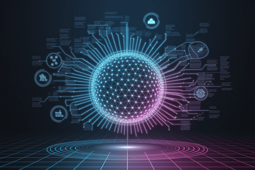 네온빛 회로선으로 구성된 인공지능 데이터 네트워크 구조