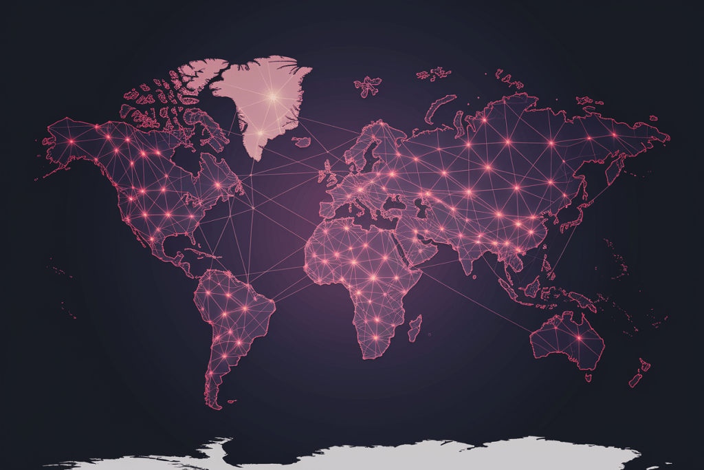 세계 지도 위에 연결된 디지털 네트워크 노드 시각화