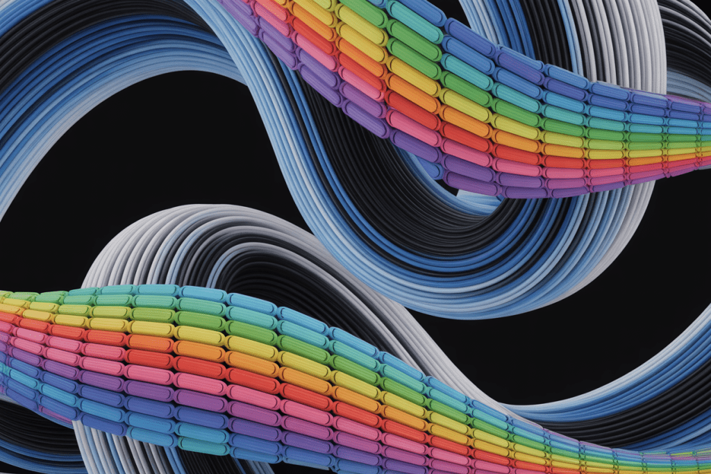 무지갯빛으로 얽힌 3D 케이블 구조의 추상적 패턴
