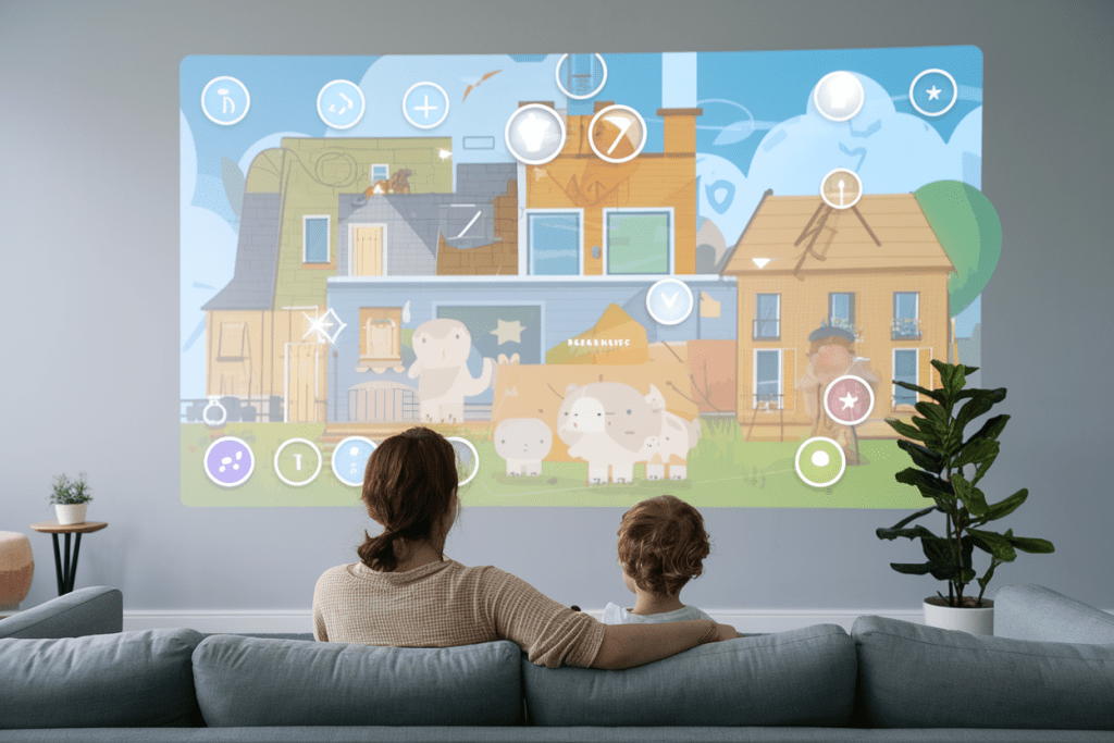 거실에서 벽면 프로젝션 게임을 함께 즐기는 부모와 아이