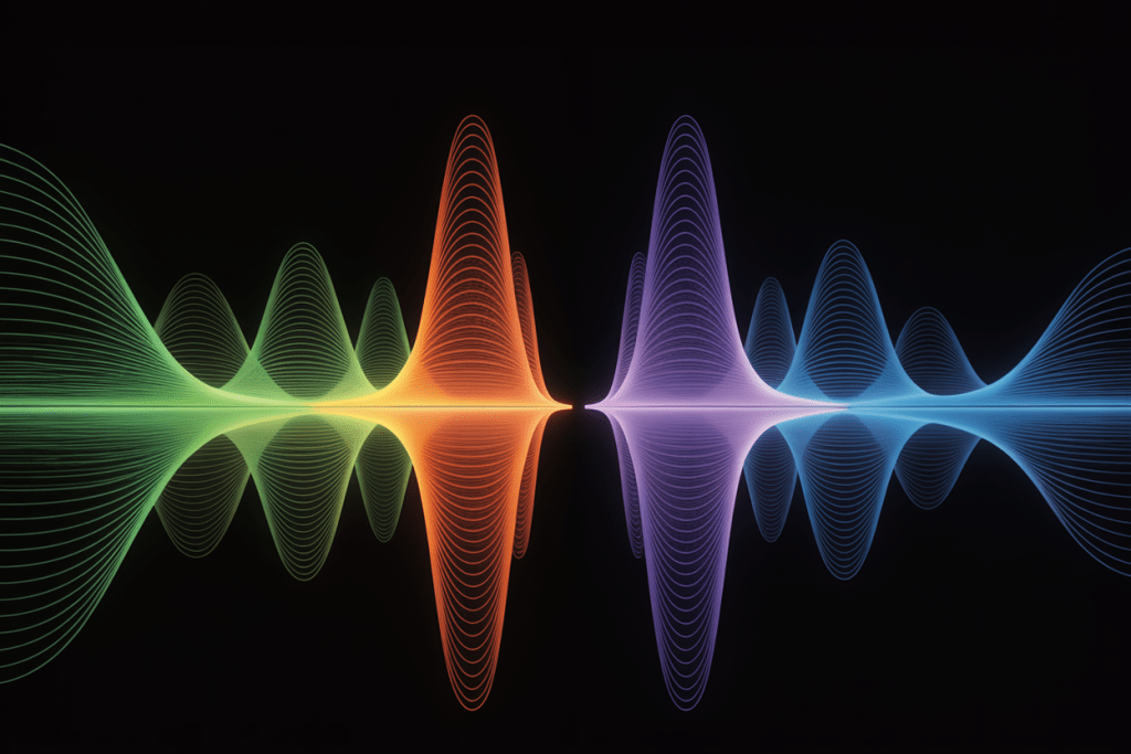 무지갯빛 파형이 대칭으로 펼쳐진 추상적 사운드 데이터 시각화