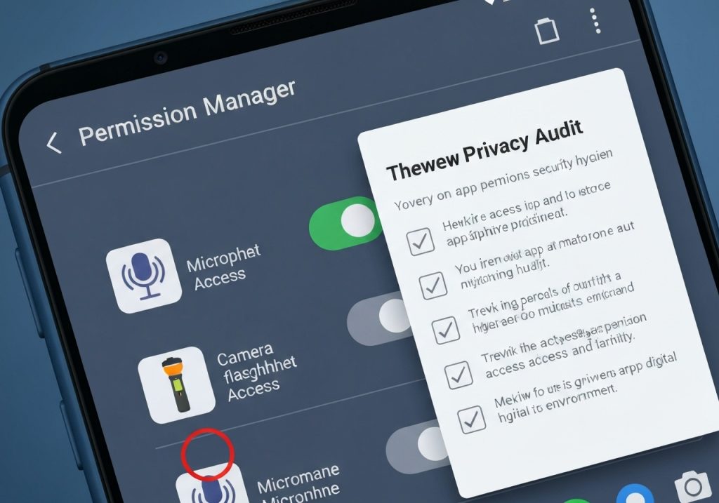 권한 관리자 화면에 표시된 앱 권한 보안 점검 팝업 - 마이크 및 카메라 플래시 액세스 권한 설정
