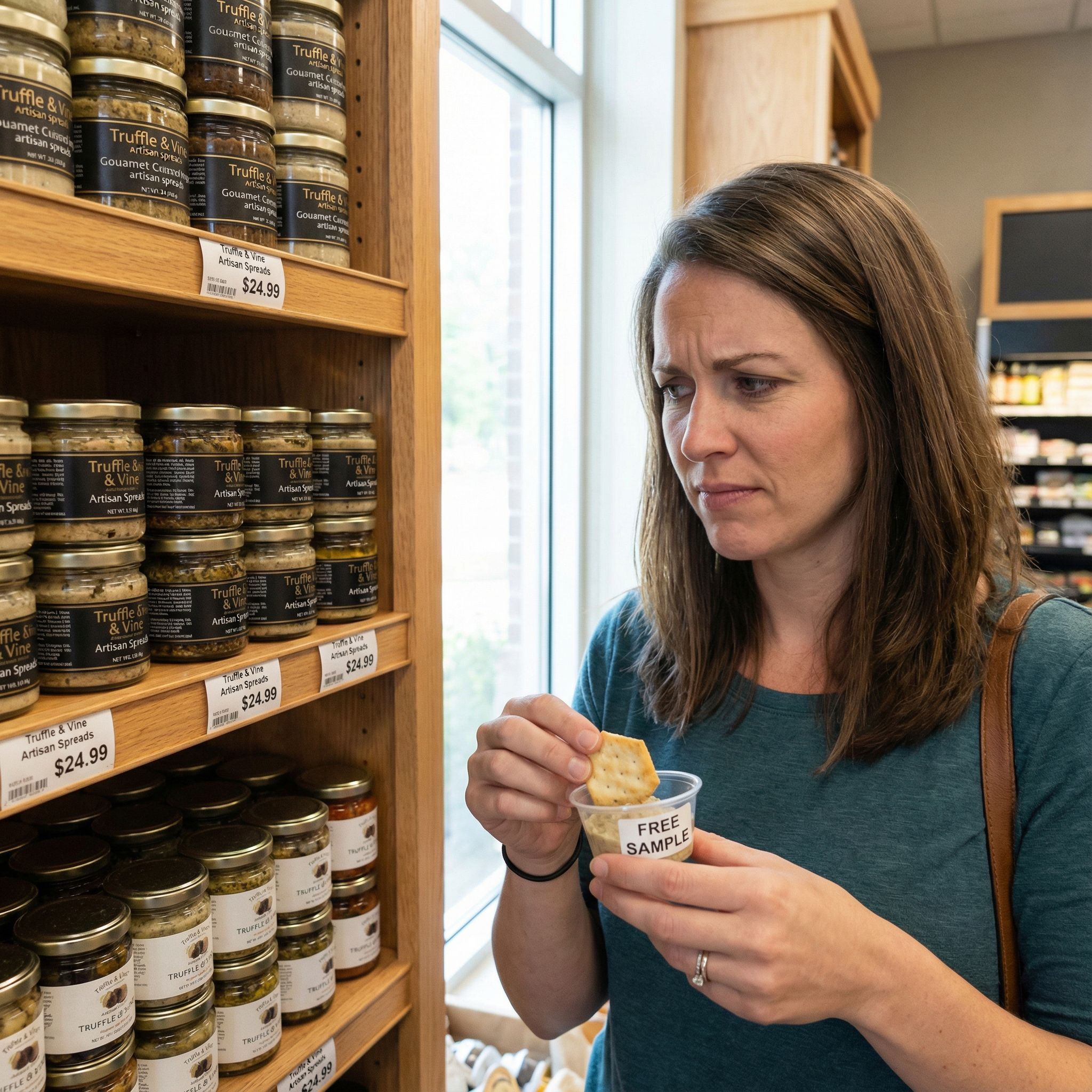 한 사람이 진열대에 가득한 고가의 제품을 바라보며, 무료 샘플을 든 채 갈등하는 표정을 짓고 있습니다.