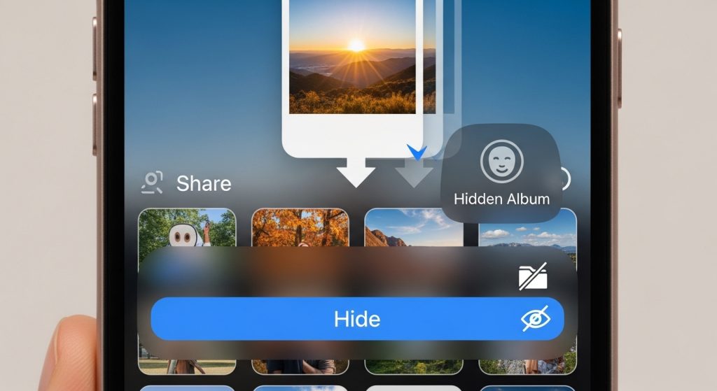 iPhone에서 사진을 숨김 앨범으로 이동하는 공유 메뉴 화면 - Hide 버튼이 강조 표시됨.