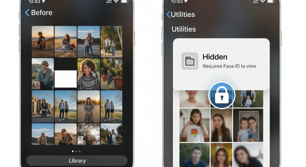 iPhone 사진 앱 비교 - 일반 라이브러리 보기와 Face ID로 보호되는 숨김 앨범 기능.