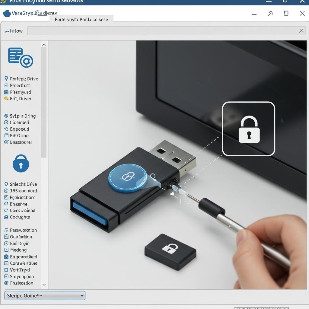 VeraCrypt 암호화 소프트웨어 인터페이스 - USB 드라이브 잠금 및 보안 키 설정 화면
