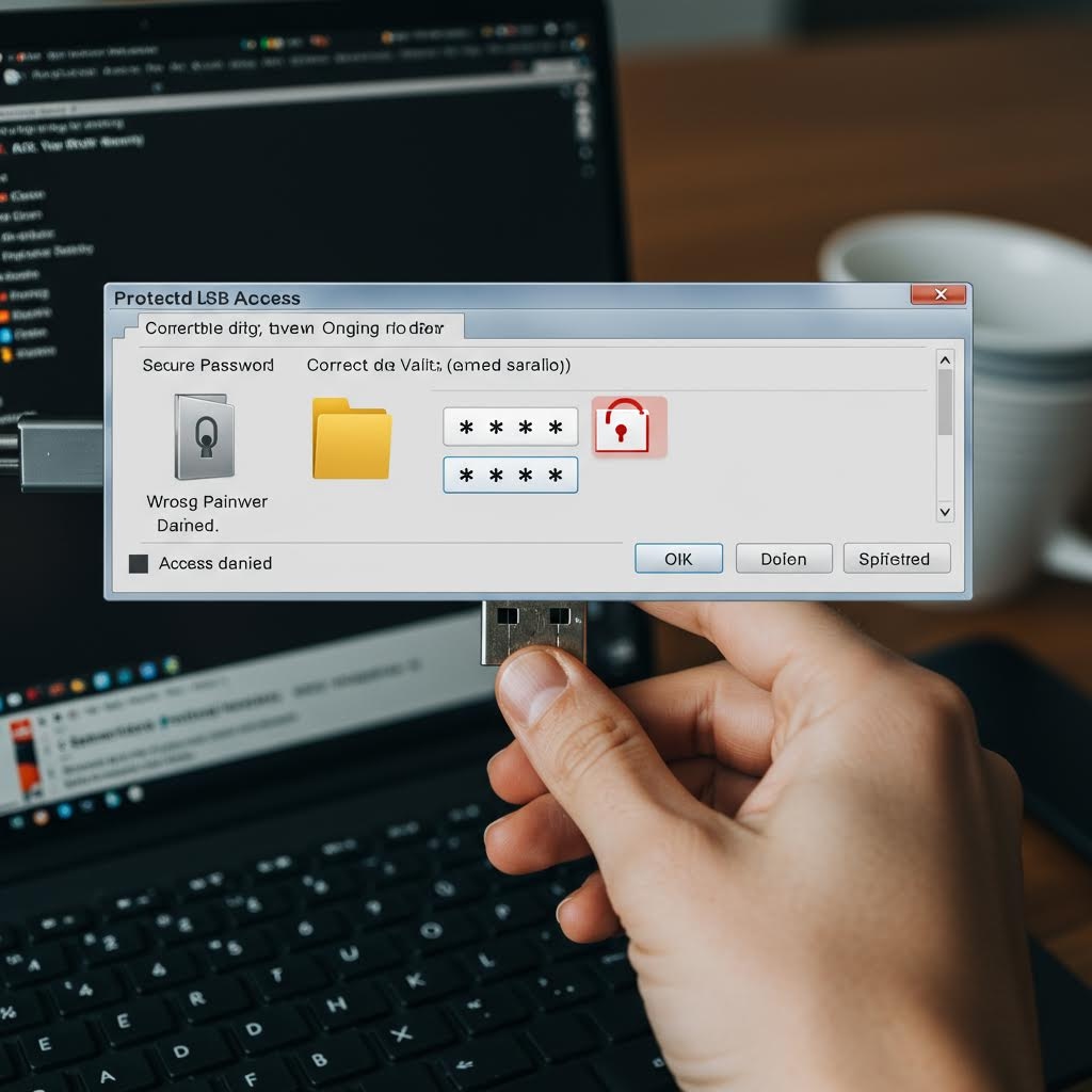 USB 드라이브 보안 액세스 대화상자 - 잘못된 비밀번호로 인한 액세스 거부 경고 메시지