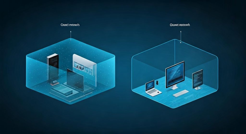 클라우드 네트워크와 온프레미스 네트워크 비교 - 아이소메트릭 뷰로 표현된 두 가지 네트워크 환경.