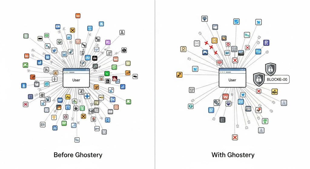 Ghostery 사용 전후 비교 - 추적기 차단을 통한 사용자 프라이버시 보호 효과 시각화.
