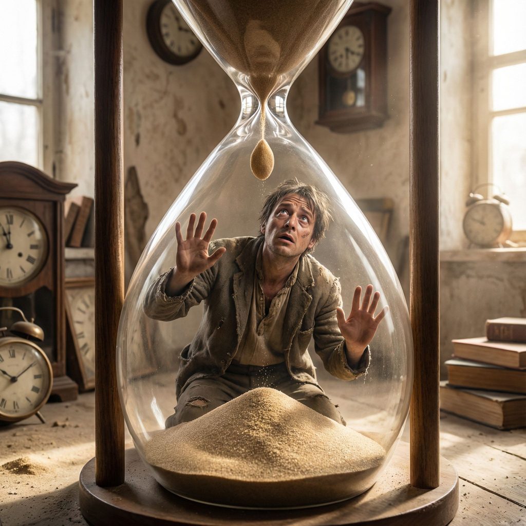 거대한 투명 모래시계 안에 갇힌 사람이 위쪽에 마지막 모래알 하나가 남은 것을 바라보며 절망적인 표정을 짓고 있다.