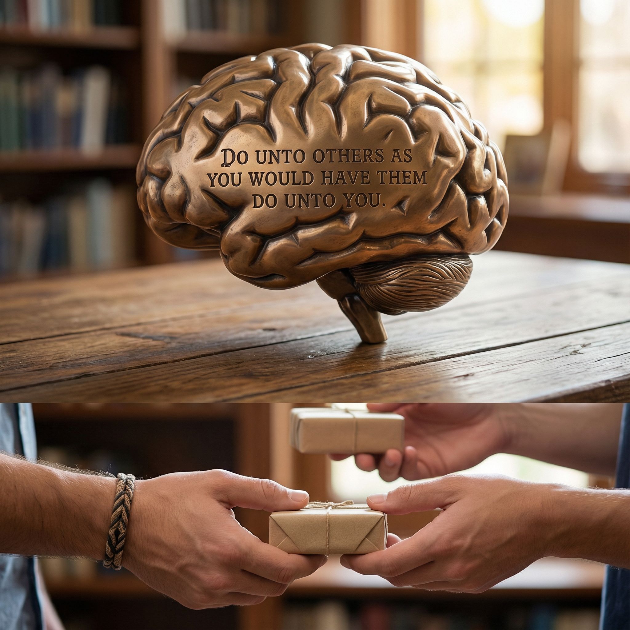 황금빛으로 새겨진 율법이 인간의 뇌 위에 펼쳐져 있고 한 손은 선물을 받으며 다른 손은 답례를 건네는 모습이다.