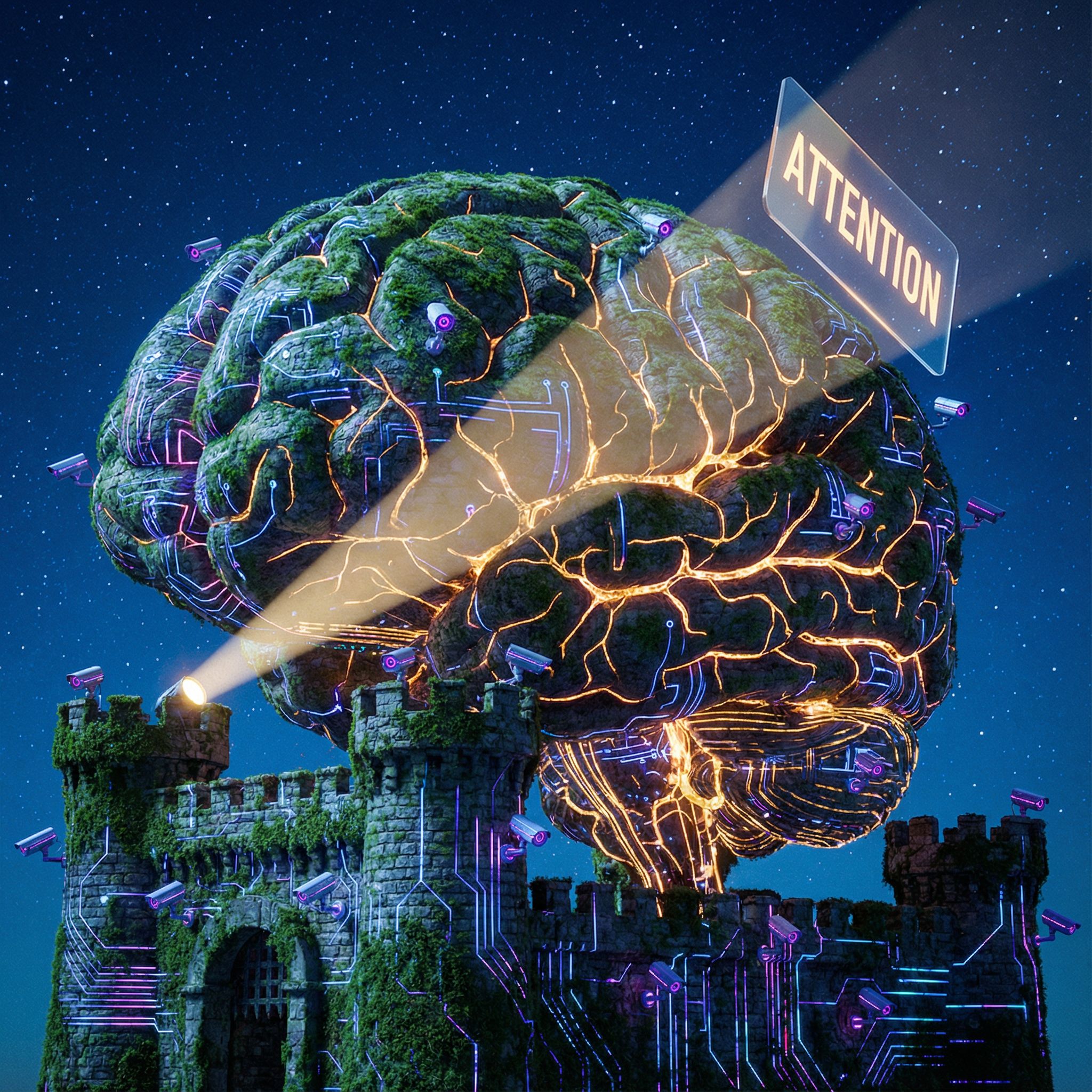 초점을 받은 신경 회로가 빛나는 복잡한 보안 시스템을 가진 초현실적인 뇌 요새의 모습이다.