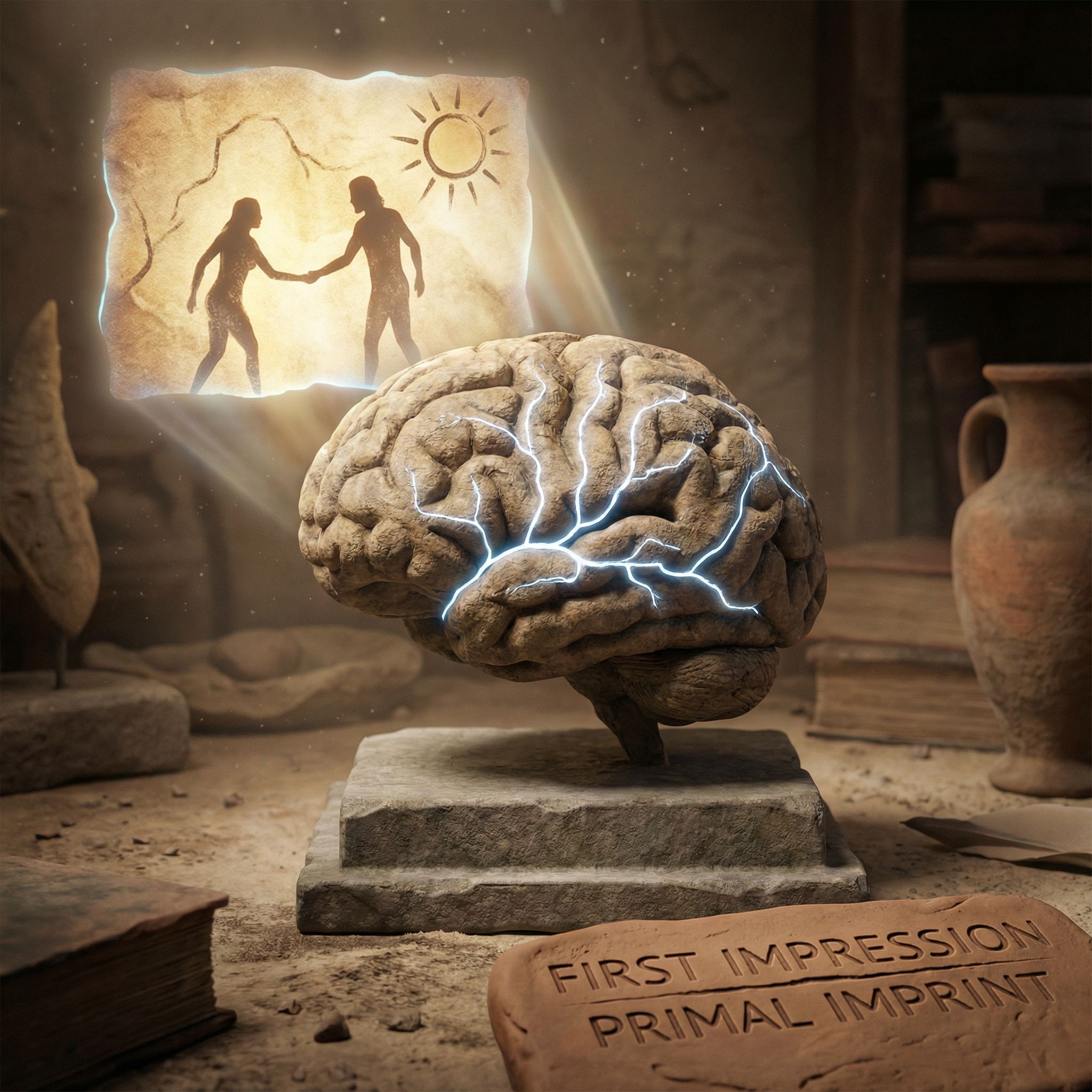 빛나는 신경 경로가 번쩍이는 고대 인간 두뇌에, 생생한 첫인상이 각인되는 원초적 순간을 담았습니다.