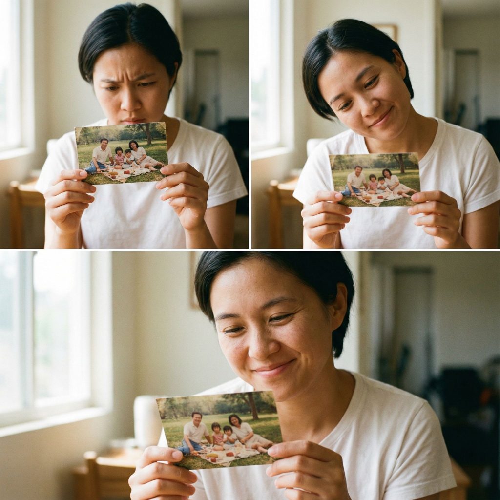 한 사람이 사진을 들여다보며 호기심 어린 표정에서 차츰 부드러운 미소로 변해가는 모습이다.