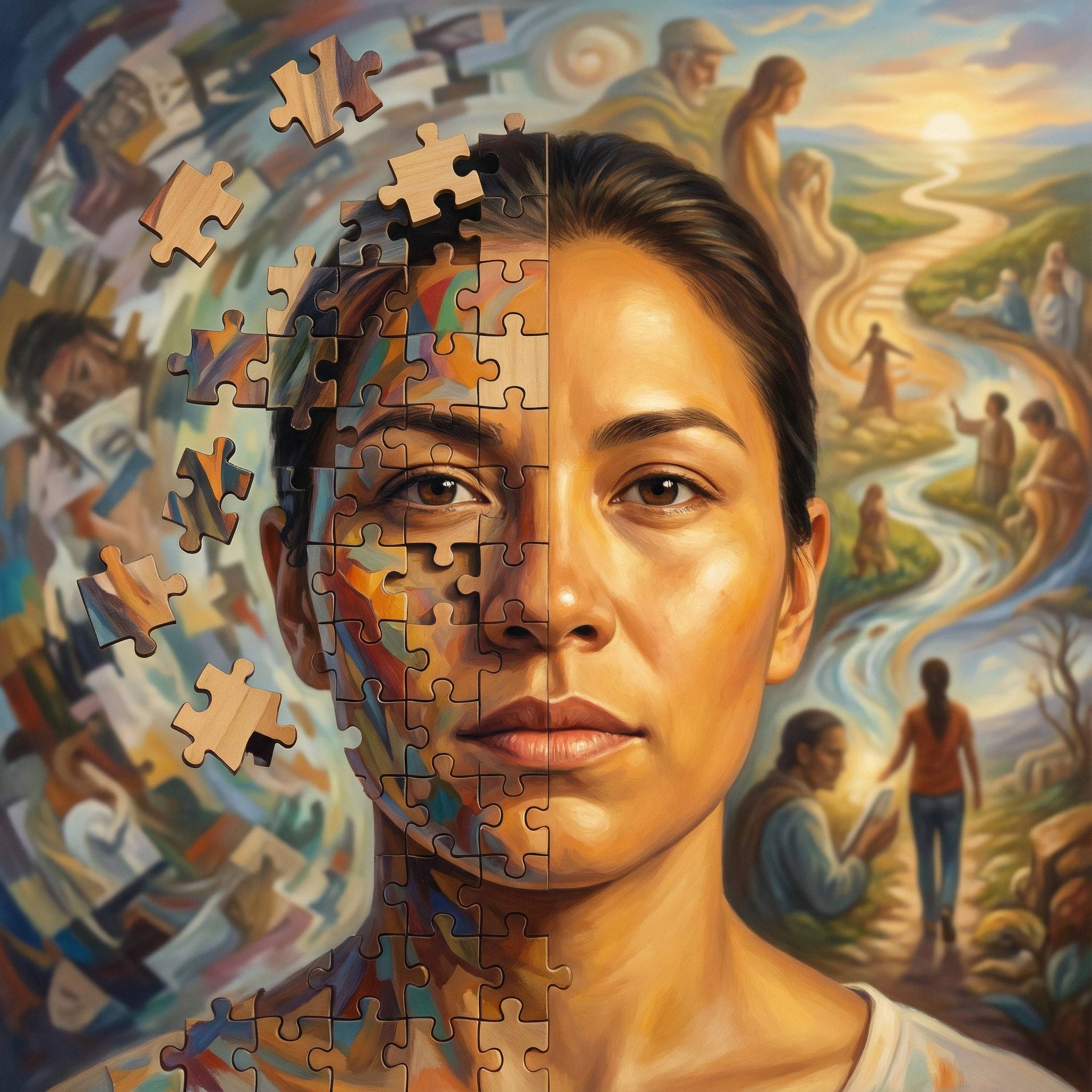 흩어진 퍼즐 조각으로 반쪽 형성된 얼굴과 선명한 초상화가 대비되며, 배경은 혼란에서 명확한 이야기로 흐려집니다.