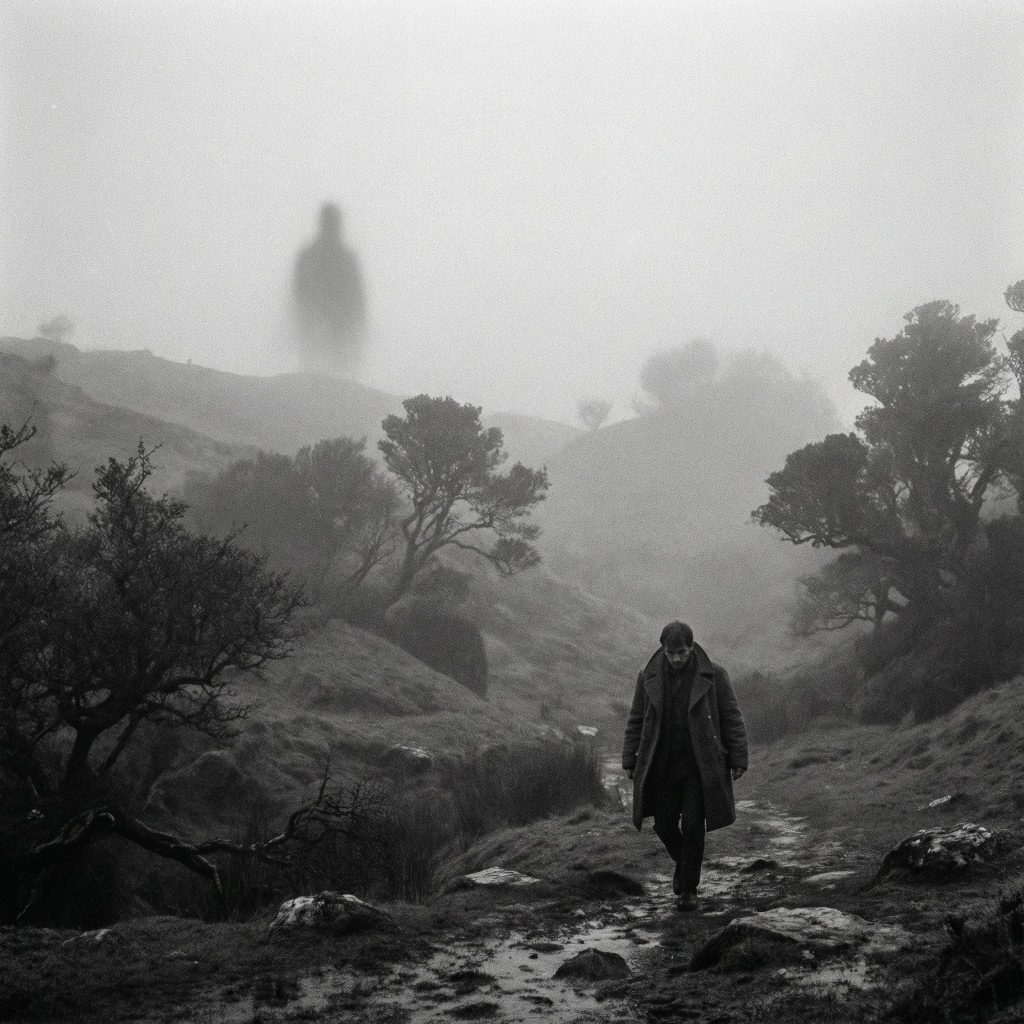 회색빛 안개가 낀 풍경 속에서 한 인물이 희미해지는 먼 그림자를 따라가는 모습이다.