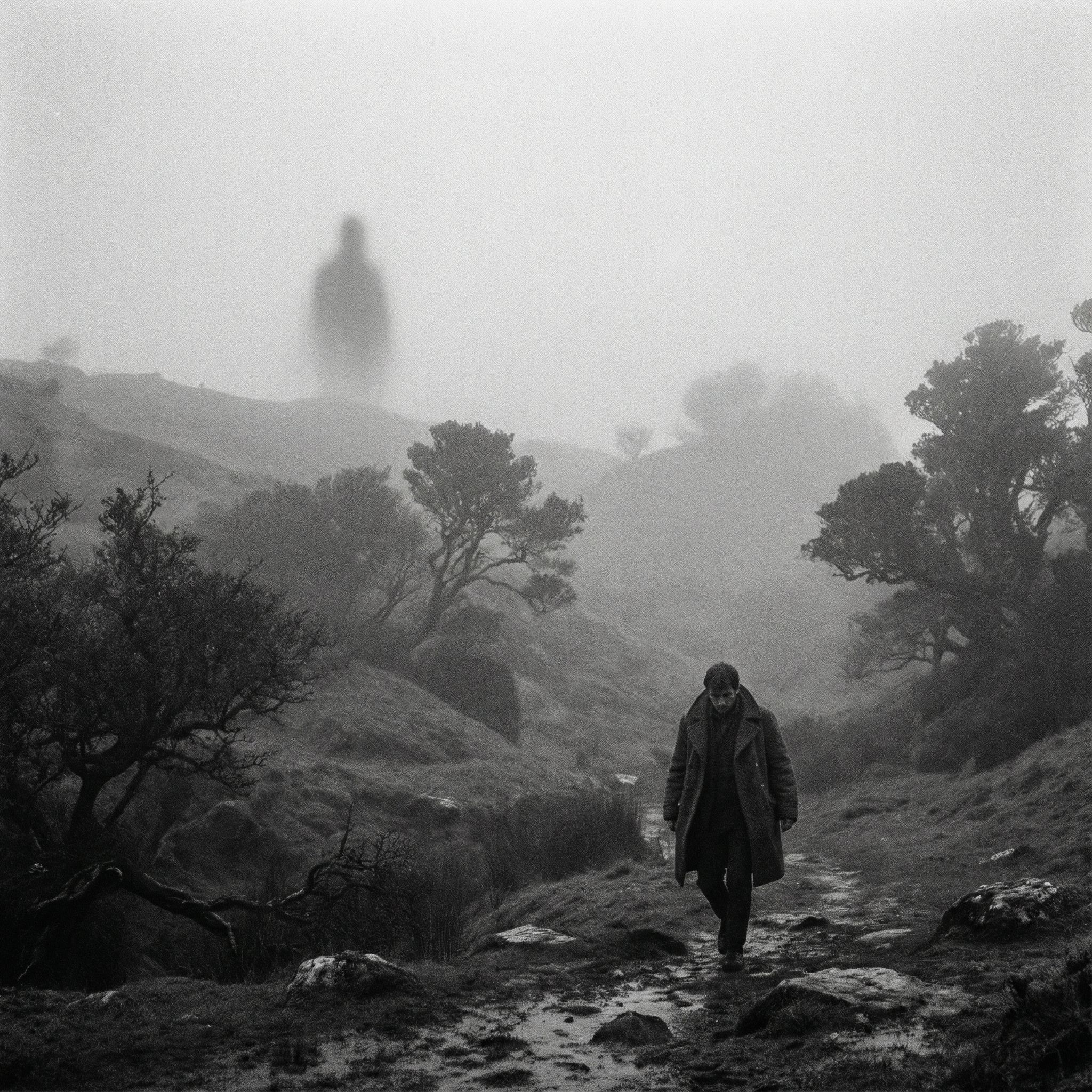 회색빛 안개가 낀 풍경 속에서 한 인물이 희미해지는 먼 그림자를 따라가는 모습이다.