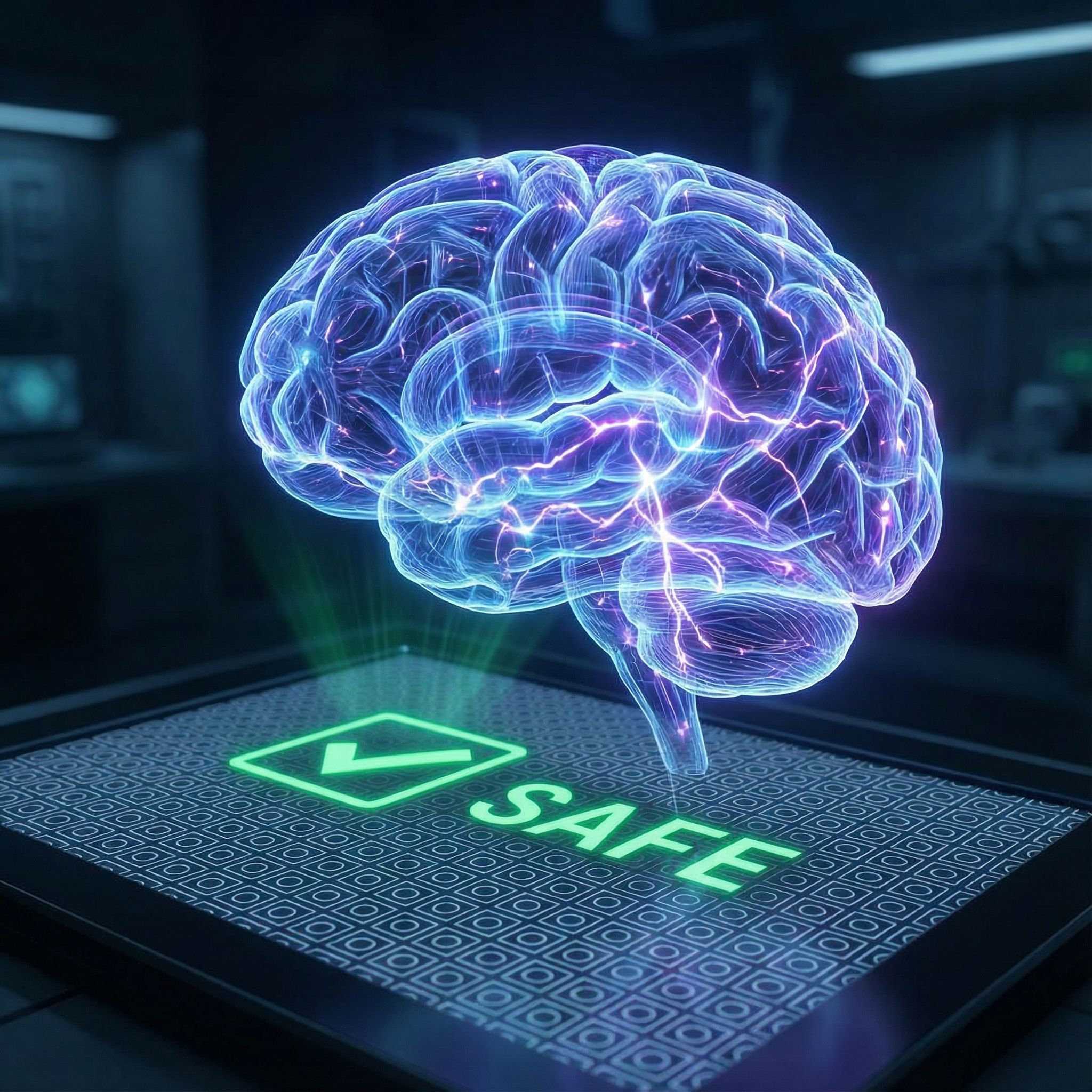 빛나는 뇌가 반복된 단순 패턴을 스캔하며 녹색 체크 표시와 함께 안전이라고 판단하는 모습이다.