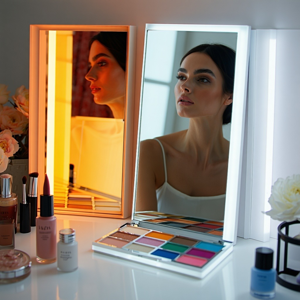 화장대 앞에서 조명이 다른 두 거울에 얼굴이 비친 여성의 모습