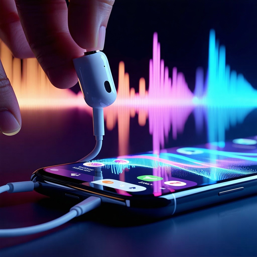 스마트폰에 이어폰 잭을 꽂는 순간, 화면에 화려한 파형이 퍼지고 있다.