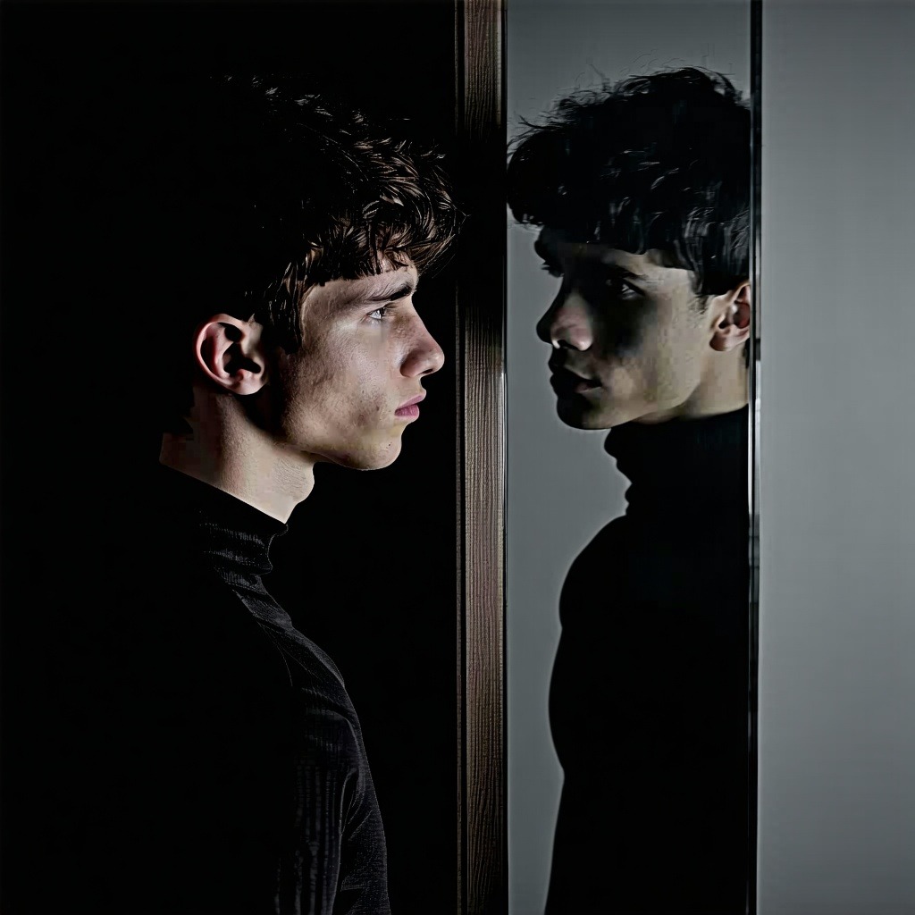 남성이 거울 속 자신의 얼굴을 조용히 바라보고 있다