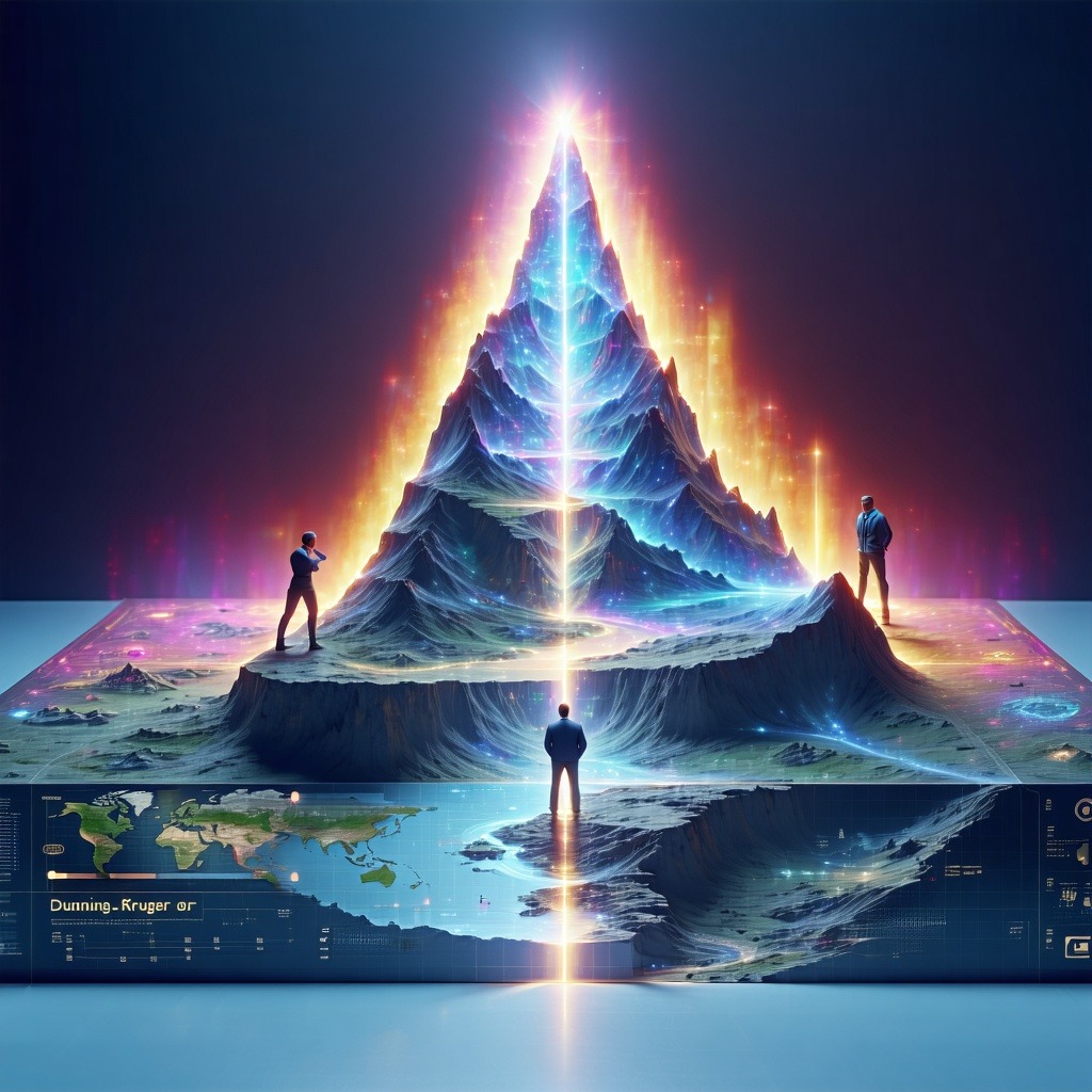 화려한 빛으로 물든 산 모형 앞에서 세 사람이 서로 다른 방향을 바라보고 서 있다