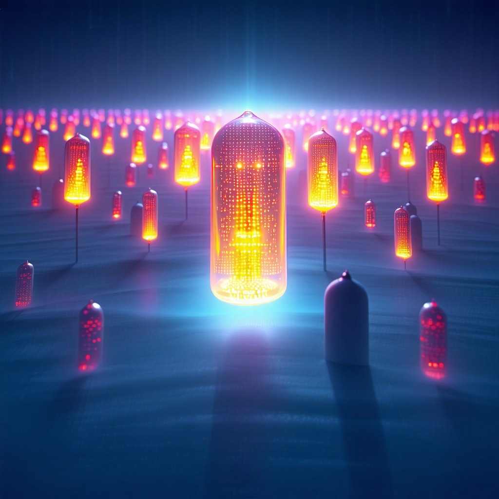 빛나는 캡슐들이 어두운 공간에 여러 개 떠 있는 신비로운 장면