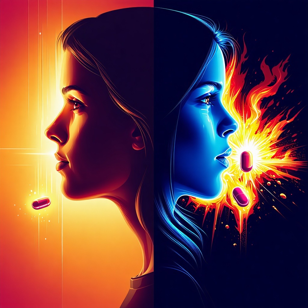 두 가지 색감으로 나뉜 화면 속에서 한 여성이 떠오르는 알약을 바라보고 있다