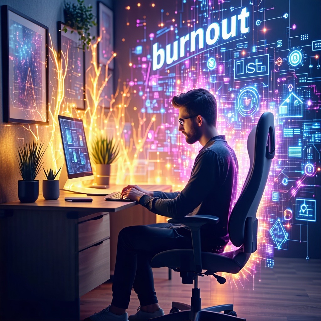 번아웃 경고 메시지가 떠 있는 화면 앞에서 늦은 밤까지 작업하는 직장인