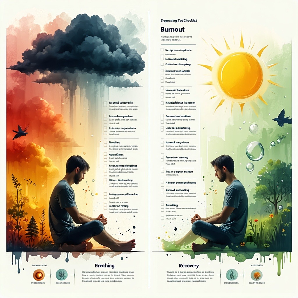 번아웃 증상과 회복 방법을 대조하는 명암이 갈린 두 명상 장면의 체크리스트 포스터