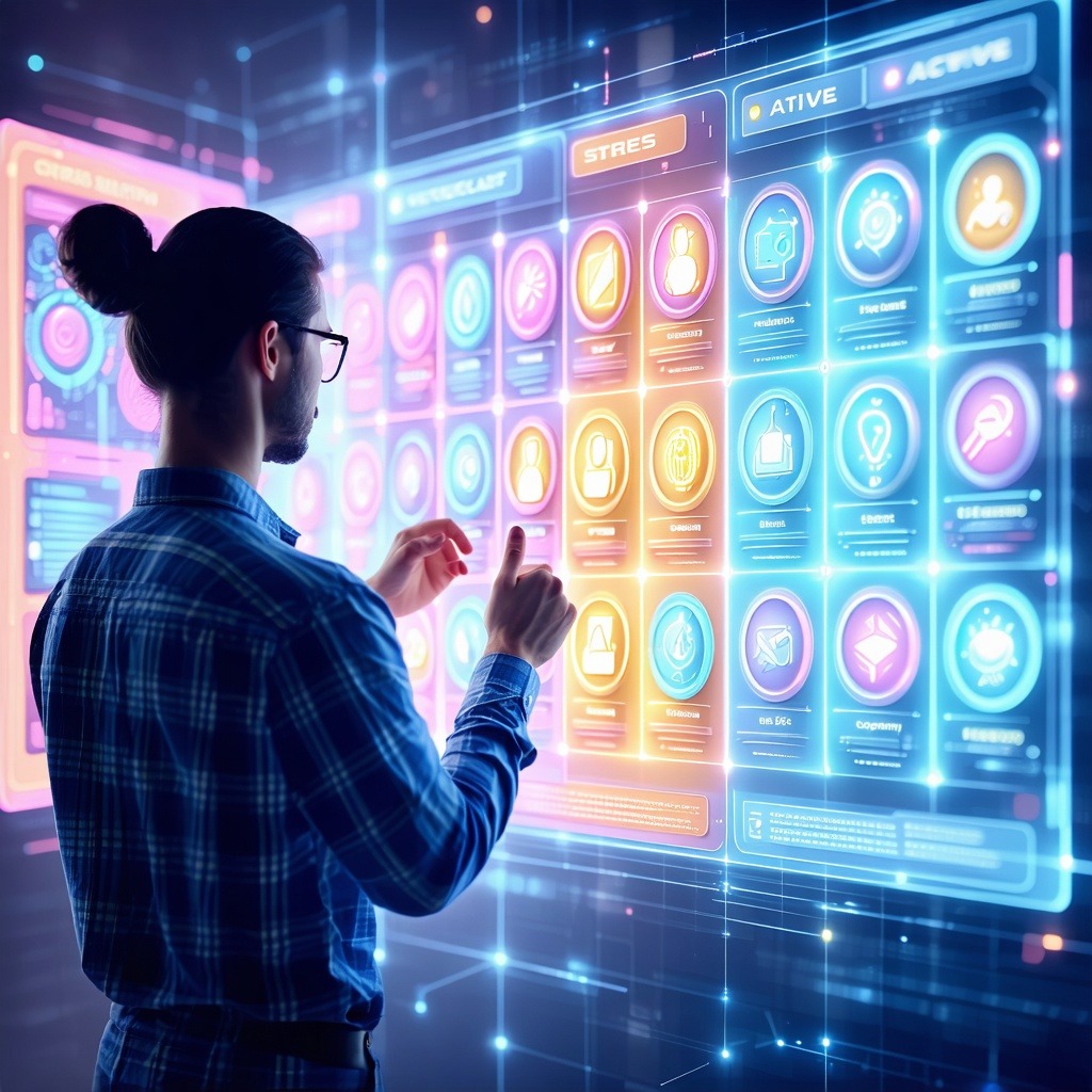 스트레스와 활동 지표가 표시된 홀로그램 건강 대시보드를 조작하는 사람