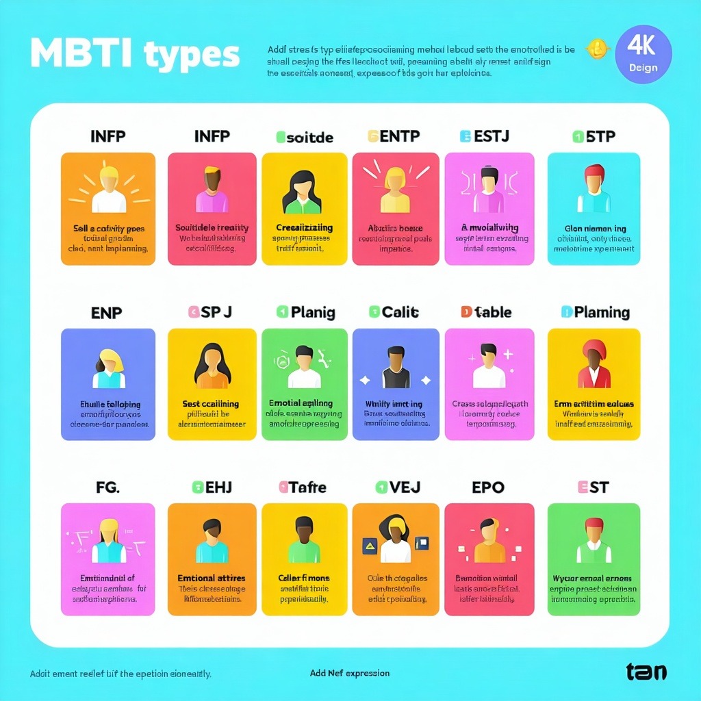 16가지 MBTI 성격 유형별 특징과 아이콘을 정리한 컬러풀한 인포그래픽 차트