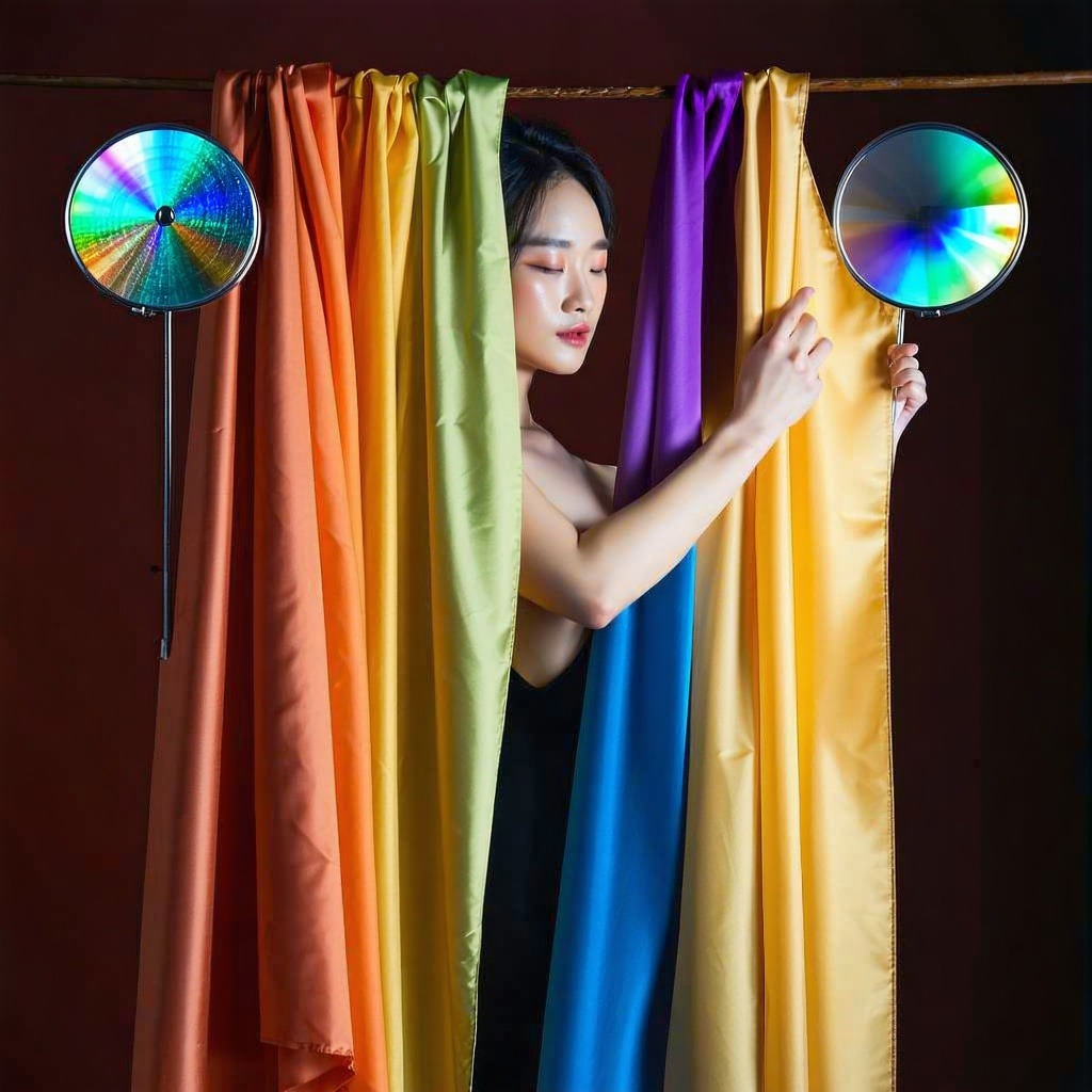 무지개색 실크 천 사이에서 원하는 색상을 고르는 여성의 컬러 테라피 장면