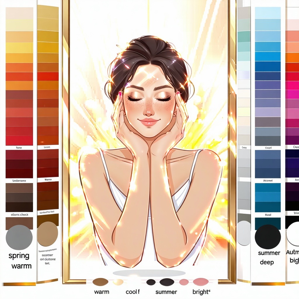 봄 웜톤 컬러 팔레트로 퍼스널 컬러를 찾아가는 평화로운 여성의 일러스트